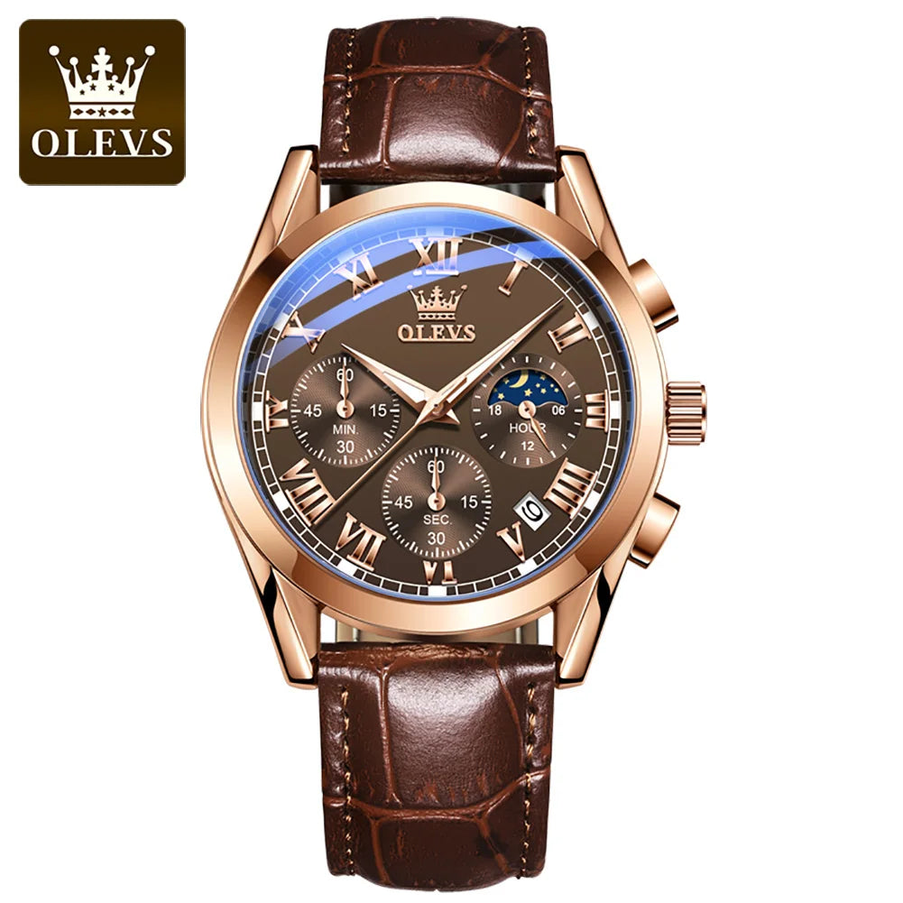 OLEVS 2871 Quartz Watches for Men Fashion Leather Strap 30M Waterproof Chronograph 24 Hour Moon Phase Auto Date Luxury Man Watch