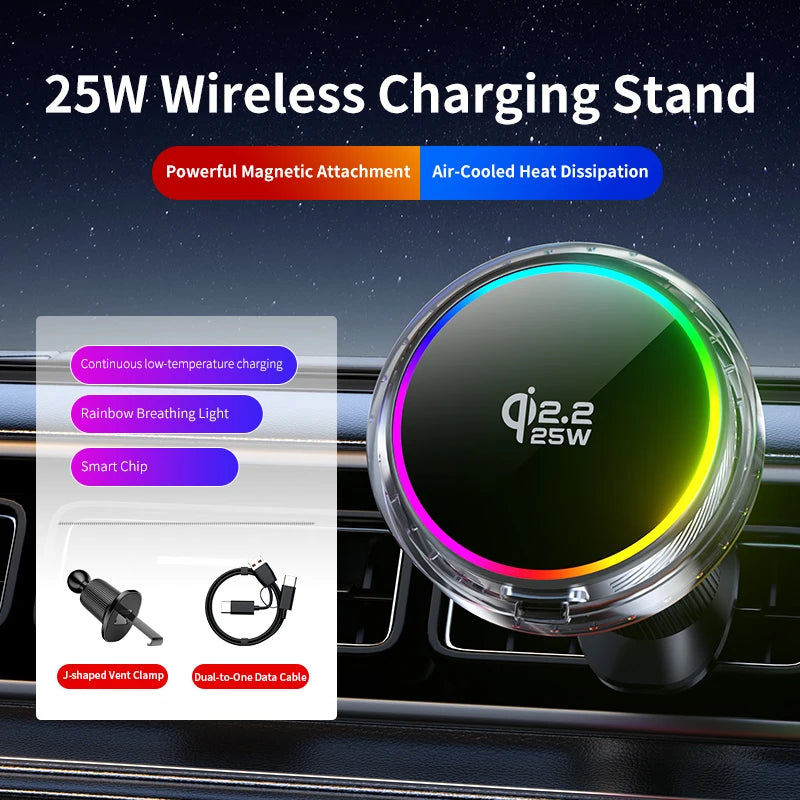 25W Air Cooling qi2.2 Car Magnetic Wireless Charger RGB Light  Phone Holder For Magsafe iPhone 17 16 15 14 13 12 Fast Charging
