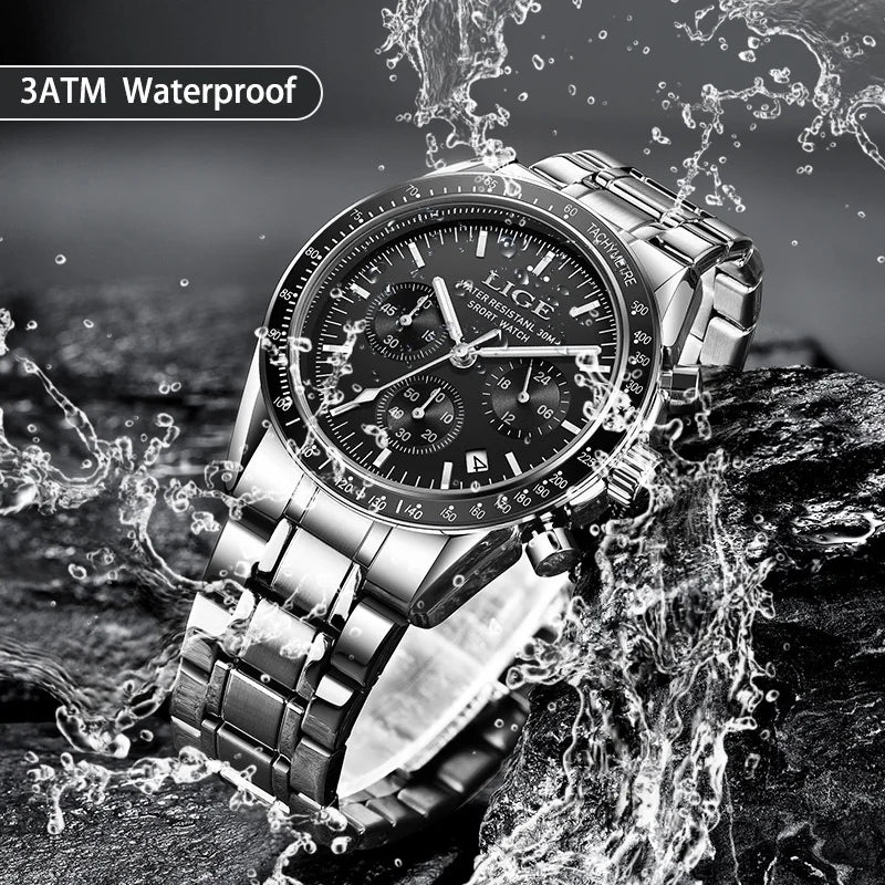 LIGE NEW fashion luxury Men's watches waterproof luminous clock stainless steel strap quartz   wristwatch for men montres hommes