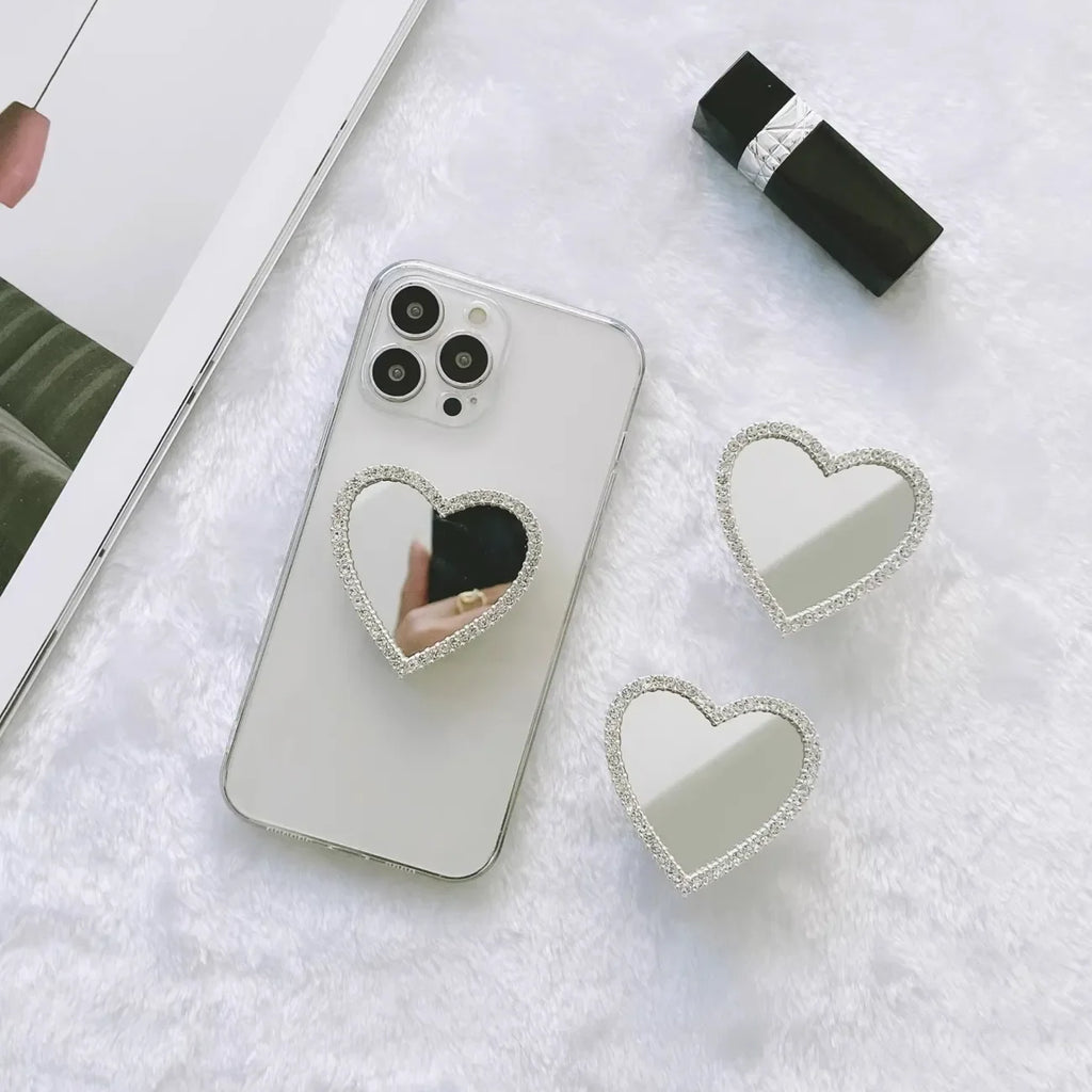 Makeup Mirror Heart-Shaped Phone Holder Back Sticker Folding Desktop Rotating Sticker Lazy Mirror Support Ins