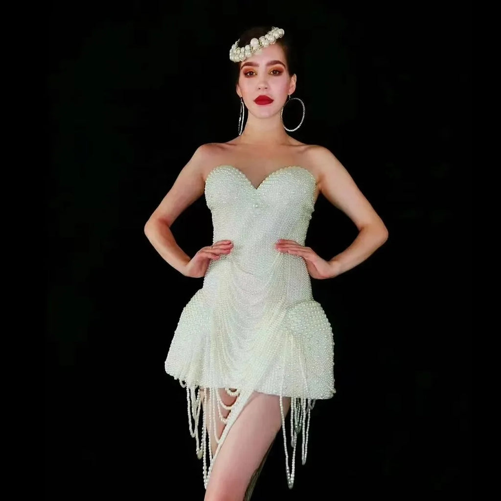 2025 white Pearl Elegant Skirt Dress Concert Women's Cute Dress birthday party dress woman sexy A-word Luxury dress Graduation