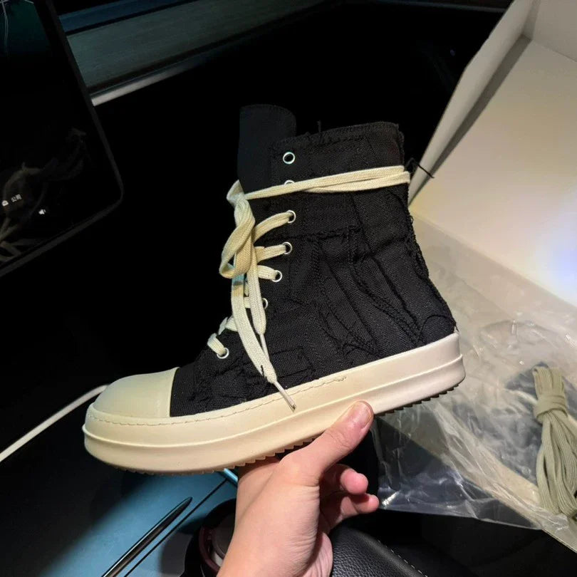Brand Men Shoes Casual Canvas Distress Flats High to Ankle Boots Women Owens Vintage Original Luxury Designers Sneakers