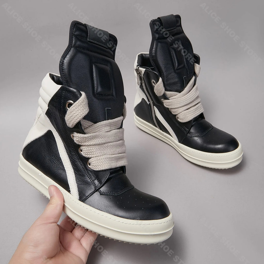 Brand Classic Casual Men Shoe High Top Women Sneaker Jumbo Laces Ankle Boot Geobasket Punk Black Leather Zip Flat Luxury Shoe