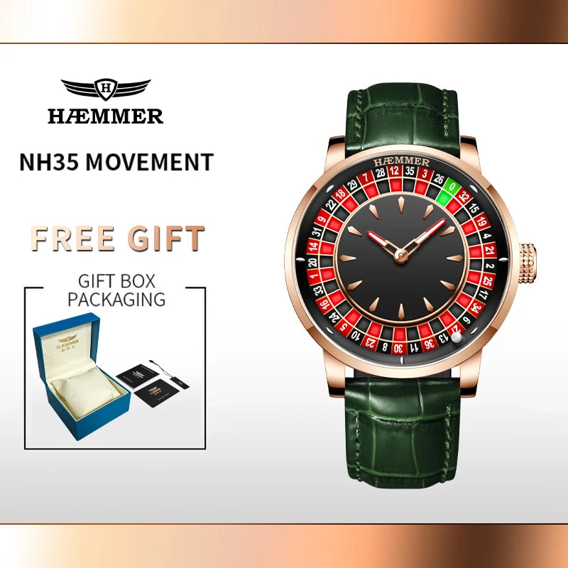HAEMMER Luxury Men's Mechanical Watch NH35 Men's Roulette Rotary Sapphire Glass Watch Waterproof