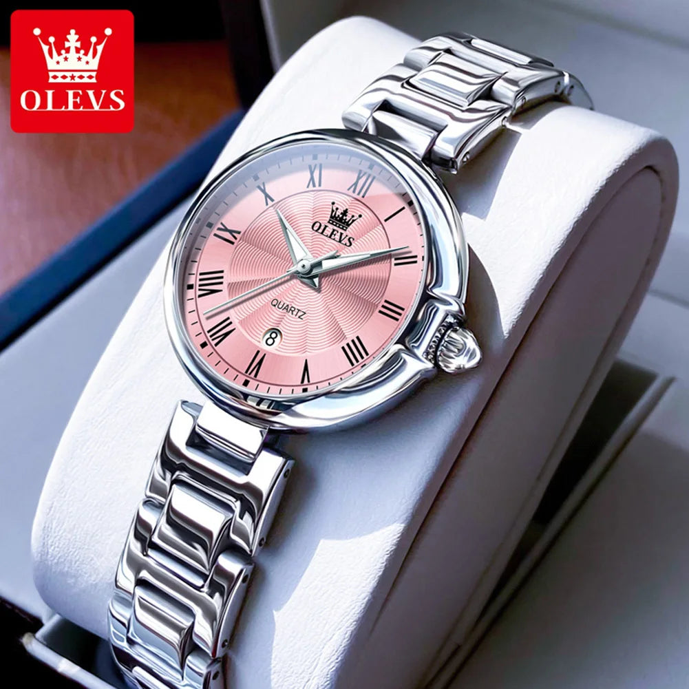 OLEVS 5608 Retro Style Quartz Watch for Women Elegant Steel Strap Auto Date Waterproof Luminous Luxury Ladies Wristwatch