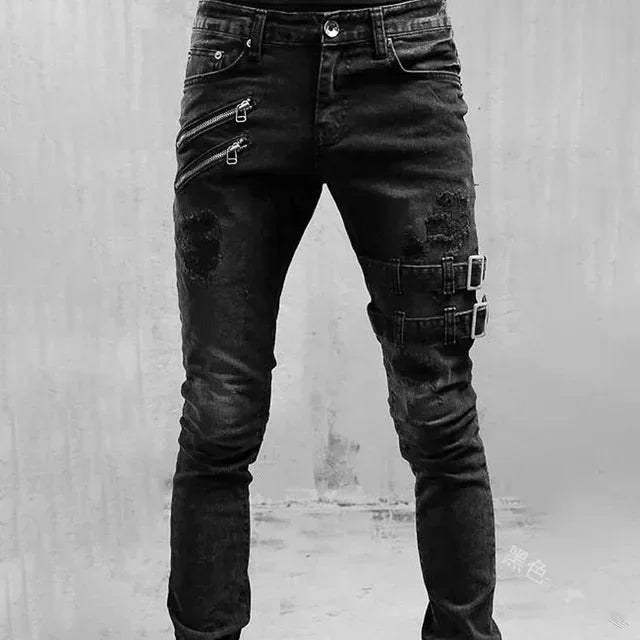 Men Holes Distressed Jeans Pencil Pants Mid Waist Slim Fit Zippers Denim Ankle Length Trousers 2025 Casual Streetwear Denims