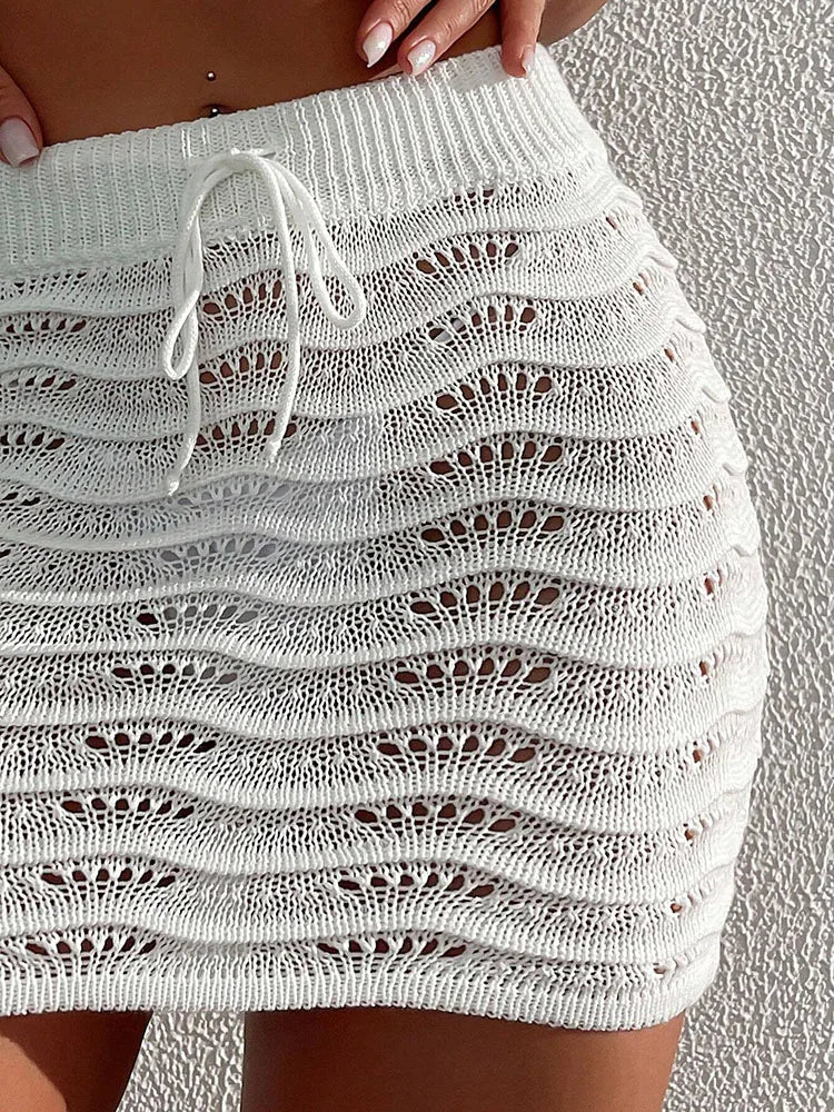 Elegant Solid Color Beach Skirt Knitted Bikini Cover up Summer Swimwear Fashionable Hollow out Design Pool Party Accessory