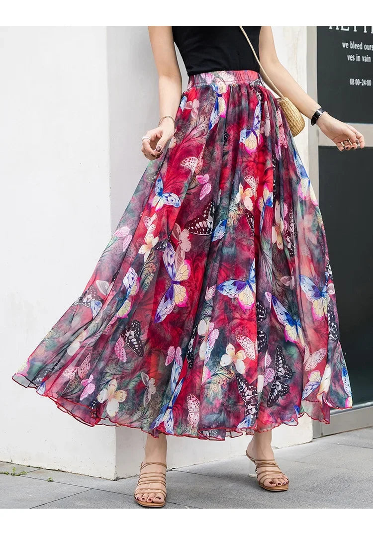 Elegant Skirts for Women Summer New Chiffon Half-body Skirt Crushed Flower Vacation Style Women's Beach Skirt Pleated Skirt