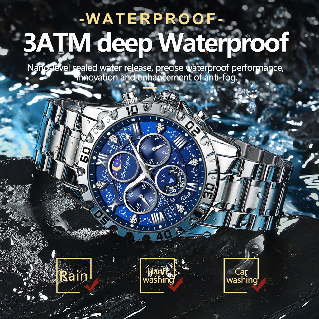POEDAGAR Luxury Man Wristwatch Waterproof Luminous Chronograph Sports Men Watch Stainless Steel Fashion Quartz Men's Watches+Box