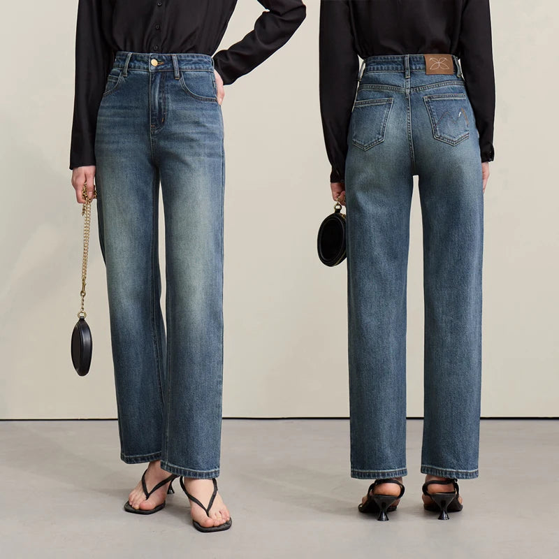 Amii Women's Jeans 2026 Summer New Mid Low Rise Cotton Stretch Denim Tapered Pants Embroidered Casual Woman Trousers 12641114