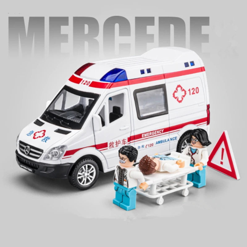 1:34 FORD Transit Alloy Ambulance Vehicles Car Model Diecast Metal Toy Broadcast Car Model Simulation Sound and Light Kids Gifts