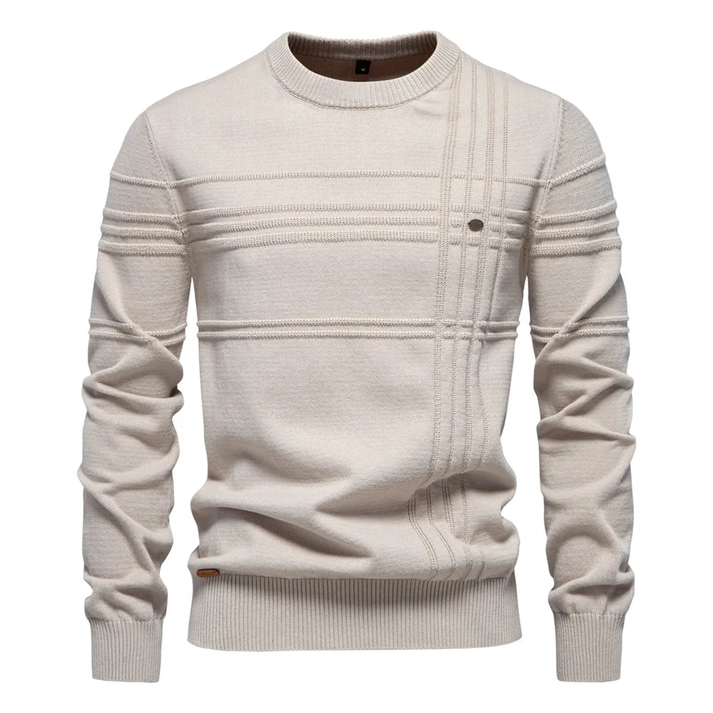 AIOPESON Mens Crewneck Pullover Sweater Knitted Cotton Stripped Quality Autumn Winter Warm Sweaters for Men