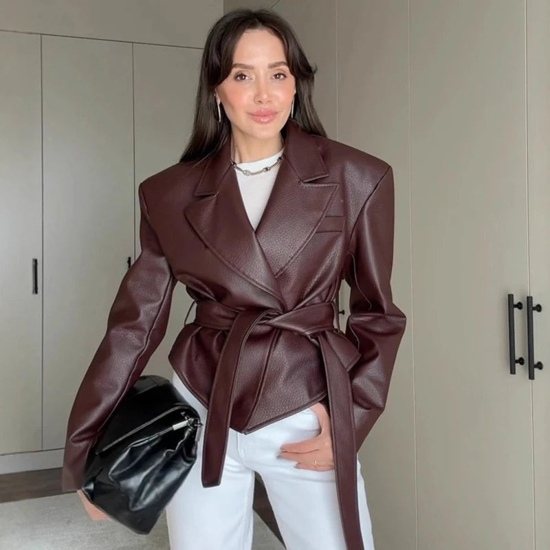 Motorcycle PU Leather Jacket Women 2026 Lace Up Turndown Collar Short Coat Jacket Full Sleeve Soft Leather Jacket New Outwear