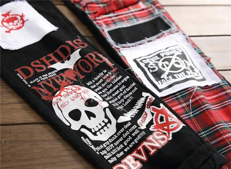 Mens Black Jeans High-quality Street Cotton Fashion Patchwork Jeans Men Stretch Street Hip Hop Slim Fit Holes Punk Denim Pants