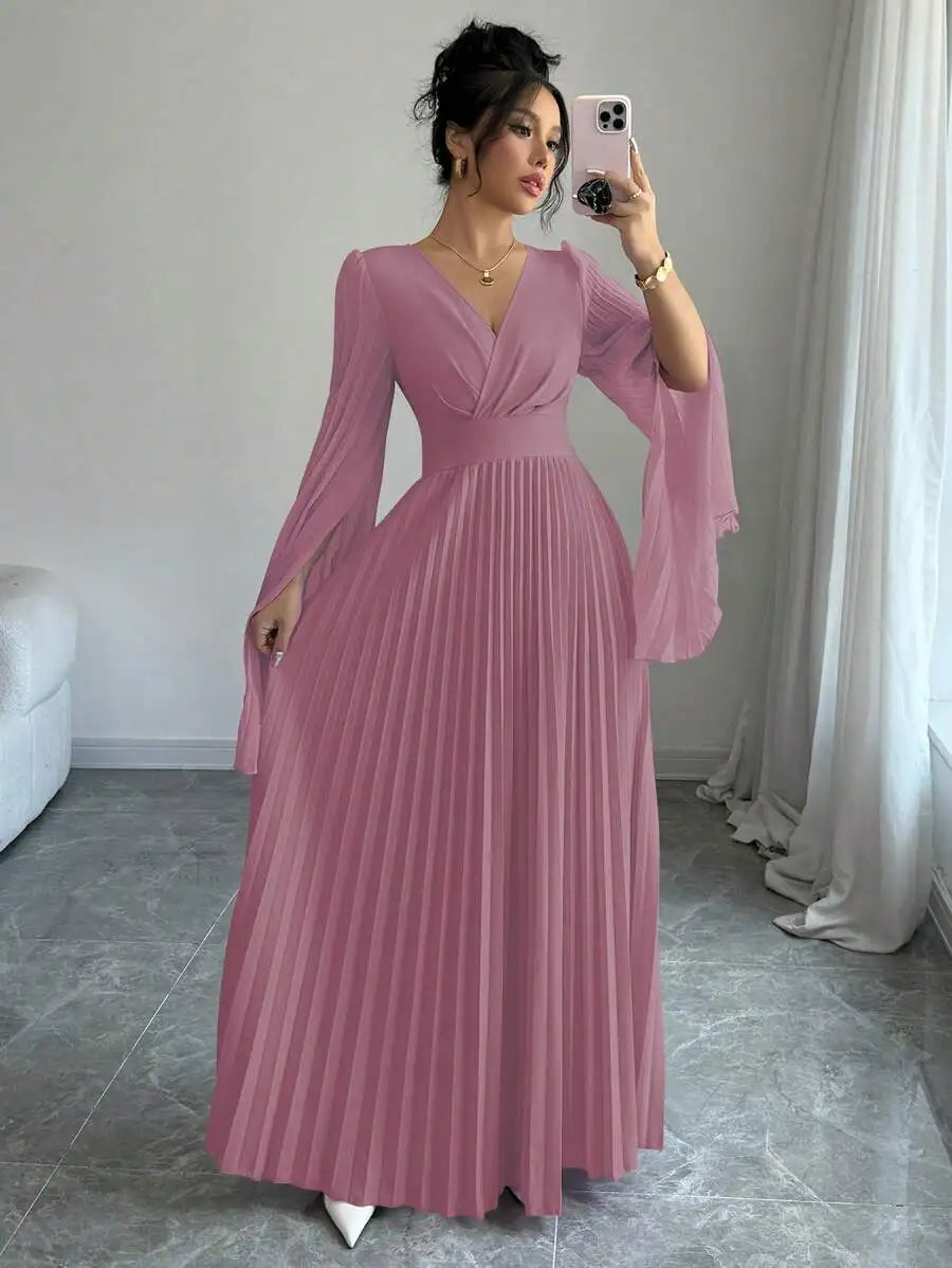 Lavender V-Neck Pleated Maxi Dress with Bell Sleeves Elegant Formal Gown