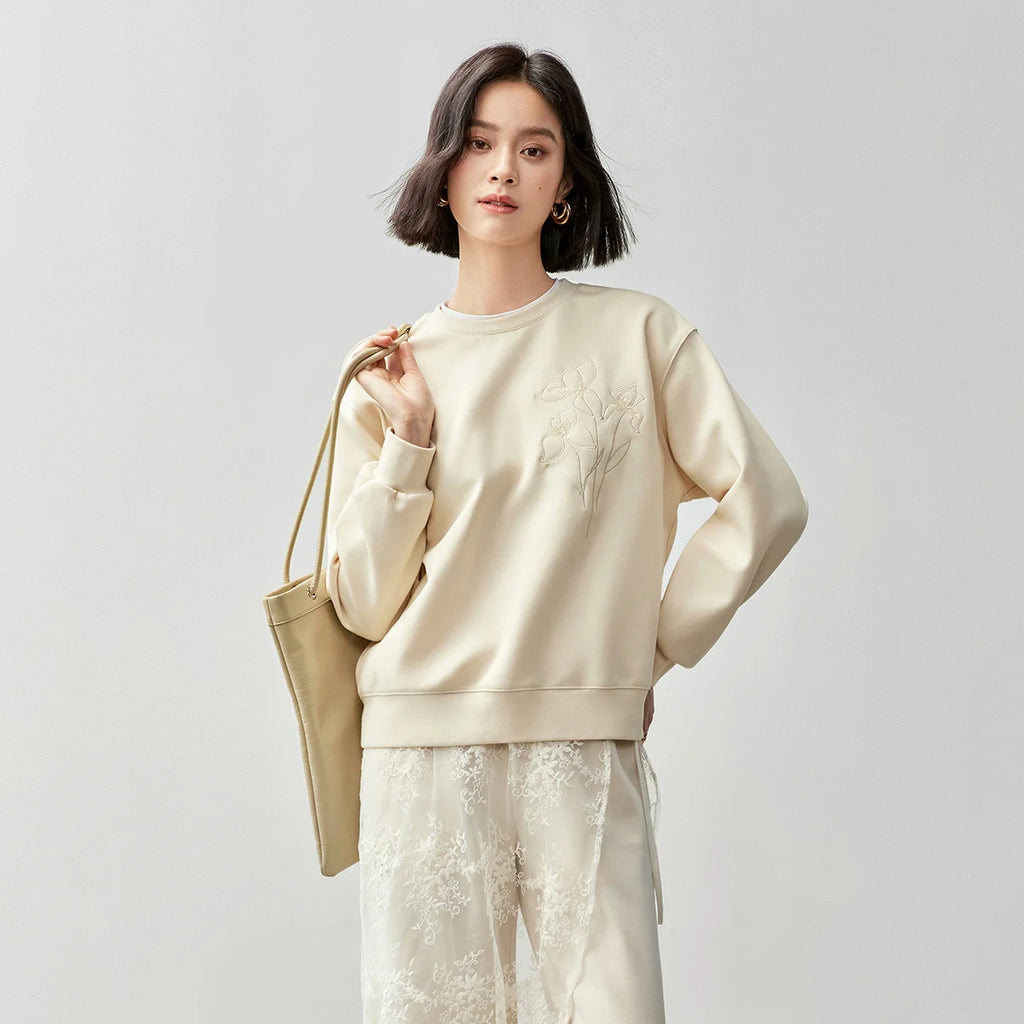 SENTUBILA Women Embroidery Sweatshirt 2026 Spring Autumn Round Neck Fashion Spliced Comfort Loose Long Sleeve Tops 141A53188