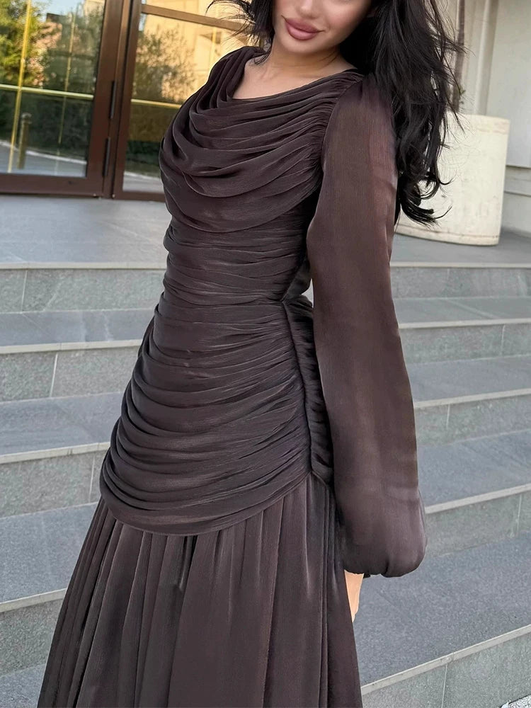 Casual round neck long sleeved pleated design dress with temperament satin high waisted spring and autumn new fashionable dress