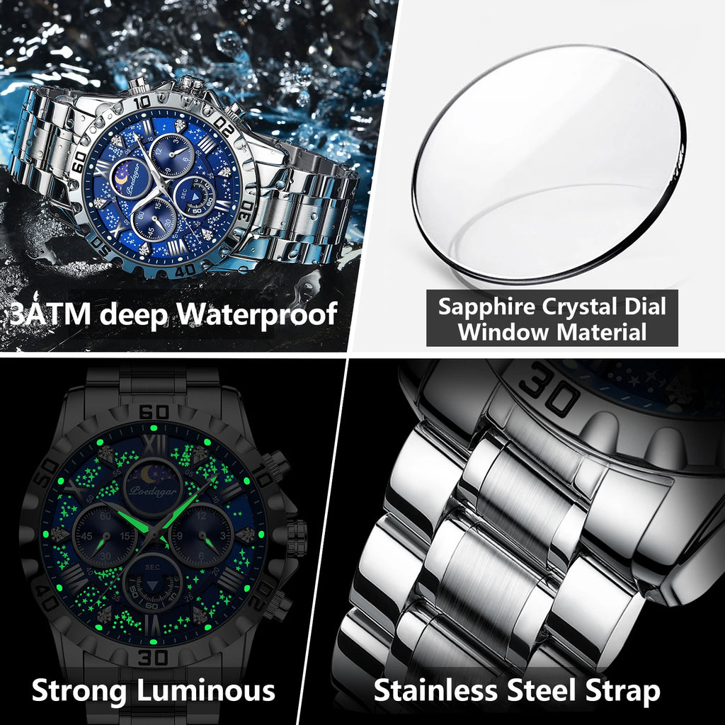 POEDAGAR Luxury Man Wristwatch Waterproof Luminous Chronograph Sports Men Watch Stainless Steel Fashion Quartz Men's Watches+Box