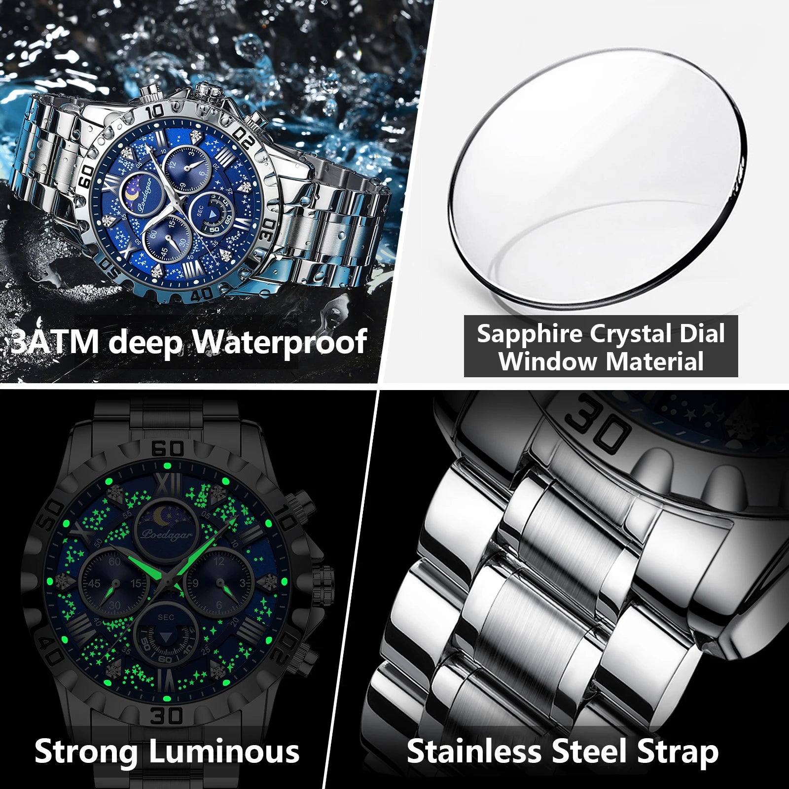 POEDAGAR Luxury Man Wristwatch Waterproof Luminous Chronograph Sports Men Watch Stainless Steel Fashion Quartz Men's Watches+Box