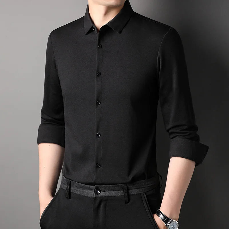 Top Grade Mulberry Silk 5.2% New Slim Fit Fashion Designer Brand Luxury Men Shirts 2025 Long Sleeve Plain Casual  Mens Clothes