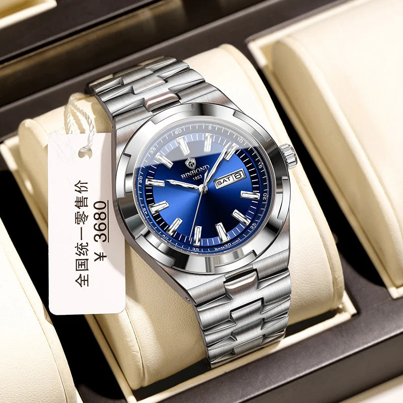 BINBOND Men's Watch Fashion Trend Night Light Calendar Waterproof Business Leisure Steel Strip Men's Watch Watches for man B025