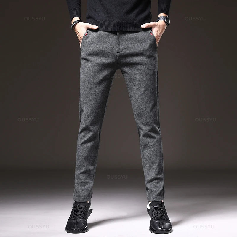 Spring Men's Casual Pants Business Fashion Elastic Waist Slim Fit Stretch Thick Gray Black Cotton Trousers Male