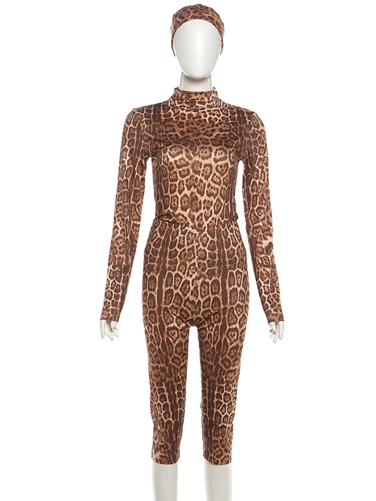 Kliou Sexy Fashion 3 Piece Set Woman Leopard Print Headband+Half Turtleneck Full Sleeve T-Shirts+Skinny Shorts Wild Style Suits
