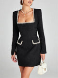 2025 Elegant Fashion Mini Dress For Women Shiny Long Sleeve Commute Pocket Clothes Female Square Collar Glitter Dress