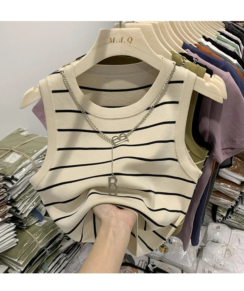 AOSSVIAO 2026 New Waistcoat Women Wear Striped Wide Edge Temperament Summer Top Short Knit Sleeveless Bottom Shirt