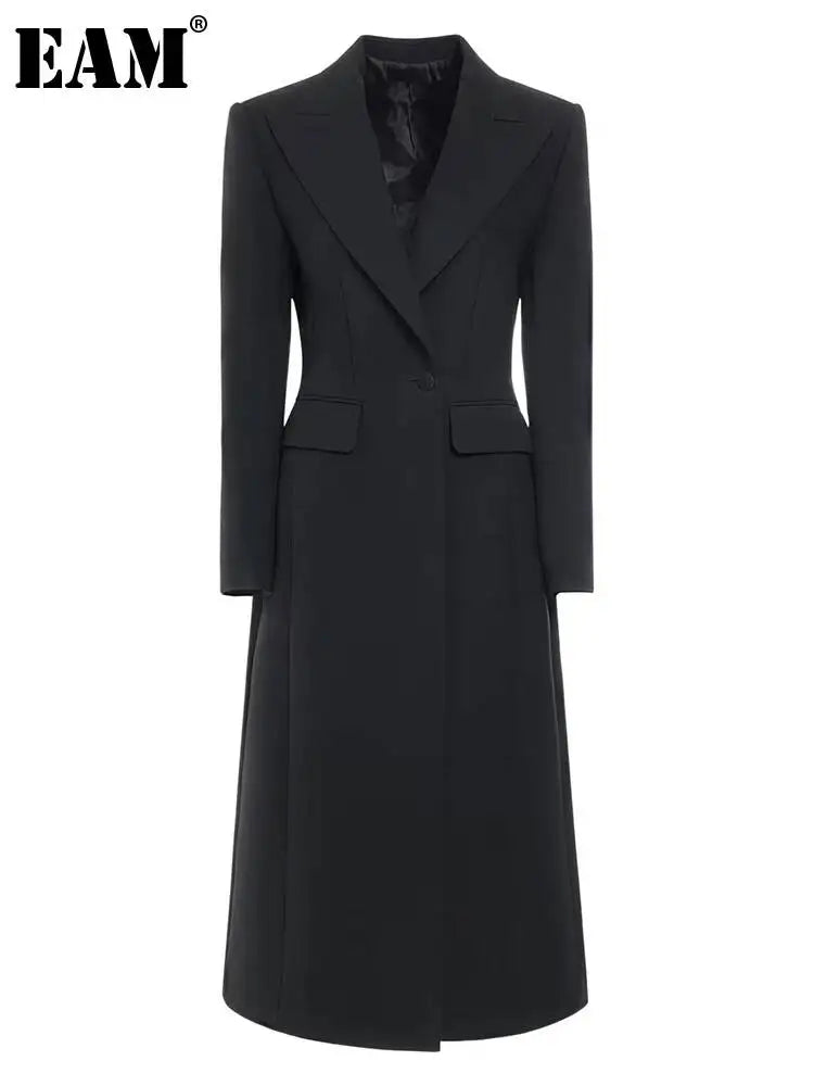 EAM Women Black Slim Ankle Length Blazer New Lapel Long Sleeve Single Button Jacket Fashion Tide Spring Autumn 2026 31A0382
