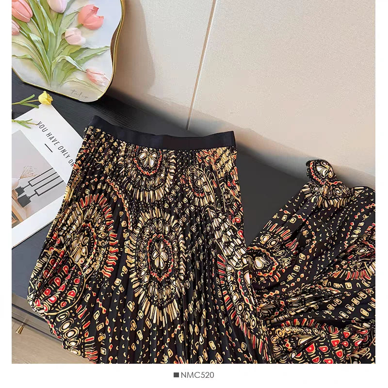 Bohemian Print Beach Skirts Female High Waist Flowy A-Line Pleated Maxi Skirt for Vacation Resort Wear & Spring Fall Fashion