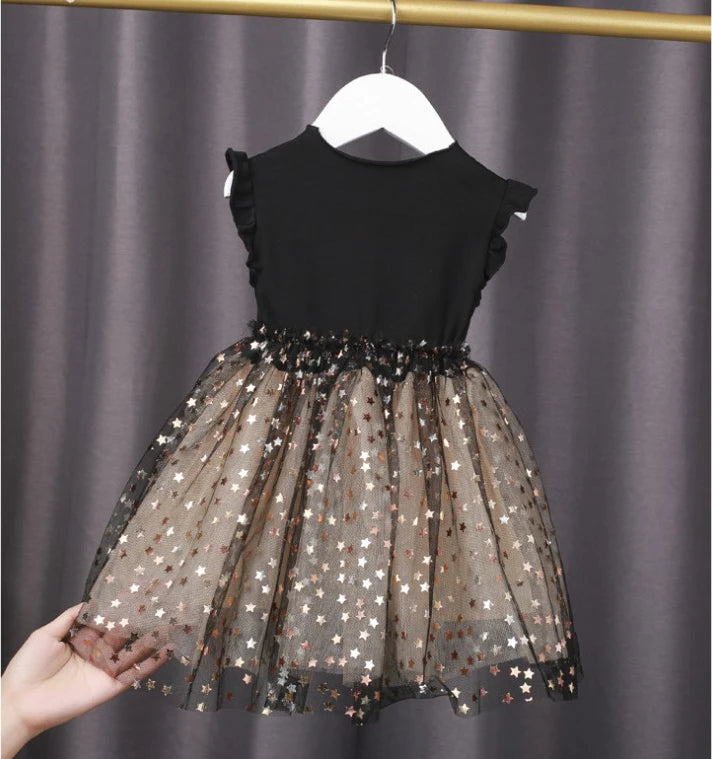 1 to 7 Years 2024 New Baby Black Dress Spring and Summer New Korean Girl Cotton Tutu Skirt Star Net Gauze Princess Dress