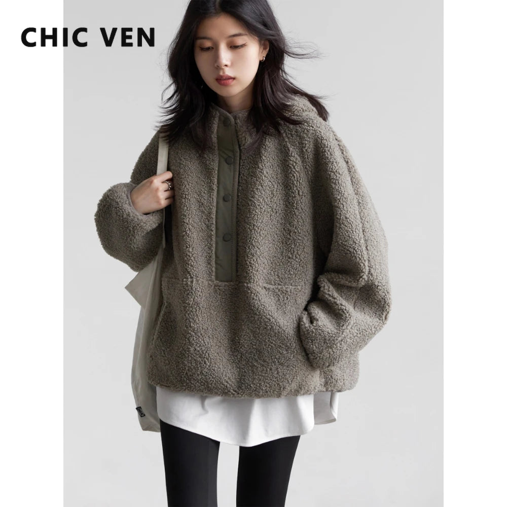 CHIC VEN Women Jackets Solid Loose Casual Split Hooded Short Coat Granular Fleece Warm Female Top Outerwear Autumn Winter 2025