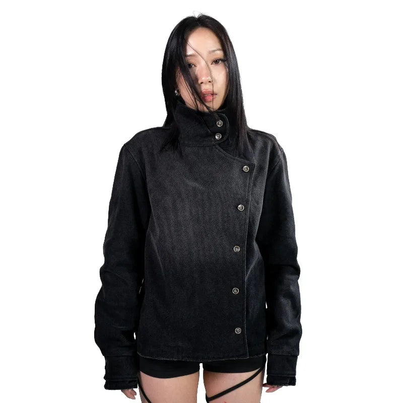 Y2k American Black Fencing Jacket Retro Gothic Hip-Hop Washed Gradient Irregular Buttons Men And Women Canvas Casual Jacket
