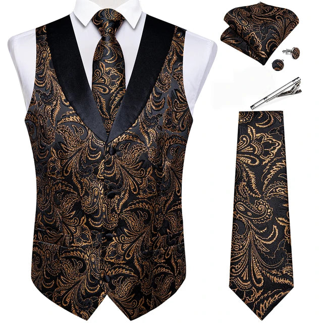 Suit Vest Set For Men Wedding Luxury Gray Paisley Dress Vests Necktie Clip Cufflinks Handkerchief Male Sleeveless Waistcoat Gift
