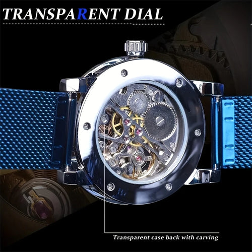 1 Piece of Men's Fashion Manual Mechanical Watch with Diamond Inlay, Hollow Design Mesh Strap Watch, Stylish and Versatile, Handsome Men's Student Wristwatch, High Appearance Value, First Choice for Gift Giving, No Battery Re