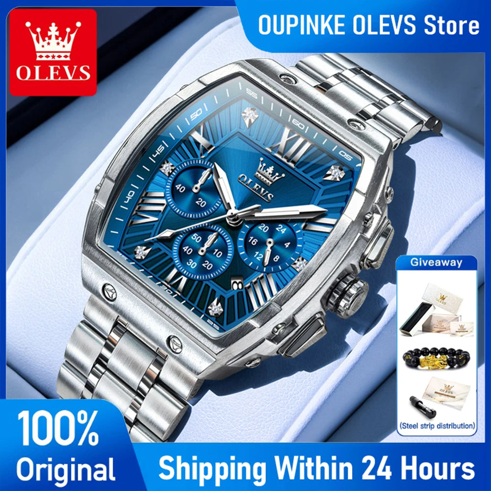 OLEVS 5639 Mens Watch Original Business Tonneau Quartz Watch Stainless Steel Waterproof Luminous Sports Date Watches New