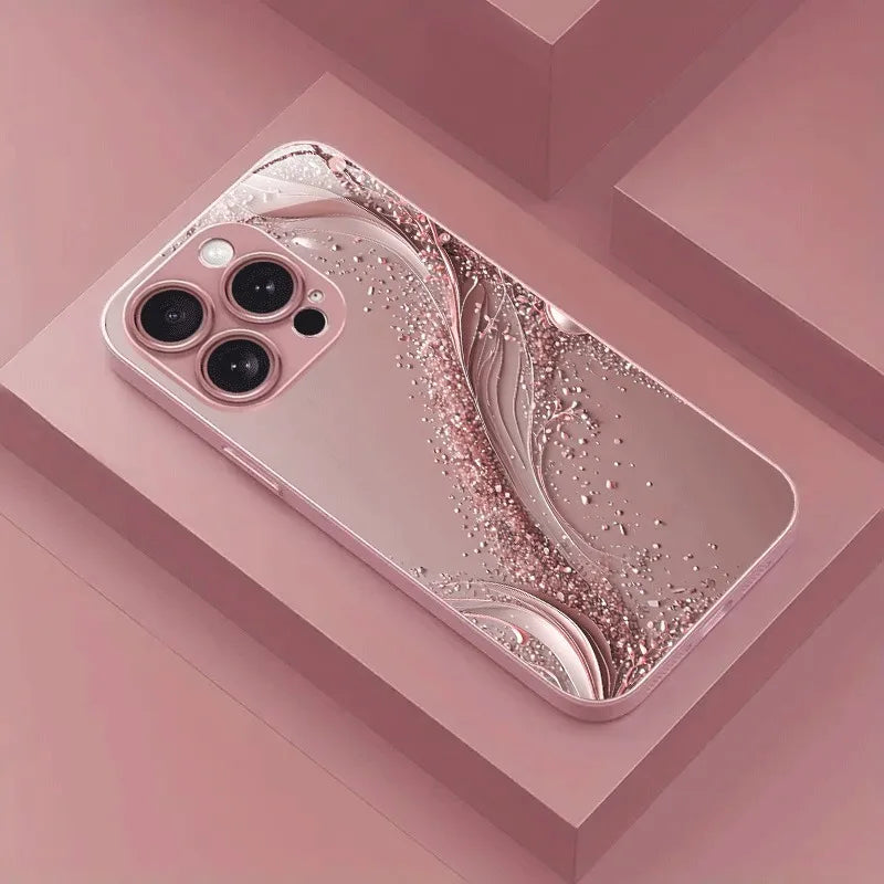 Pink Golden Ripple Pattern Metal Paint Tempered Glass Phone Case For iPhone 17 16 15 14 13 12 11 Pro Max Plus 16E 17Air Cover