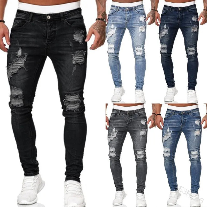 Men Fashion Street Style Ripped Skinny Jeans Men Vintage Wash Solid Denim Trouser Mens Casual Slim Fit Pencil Denim Pants 4XL