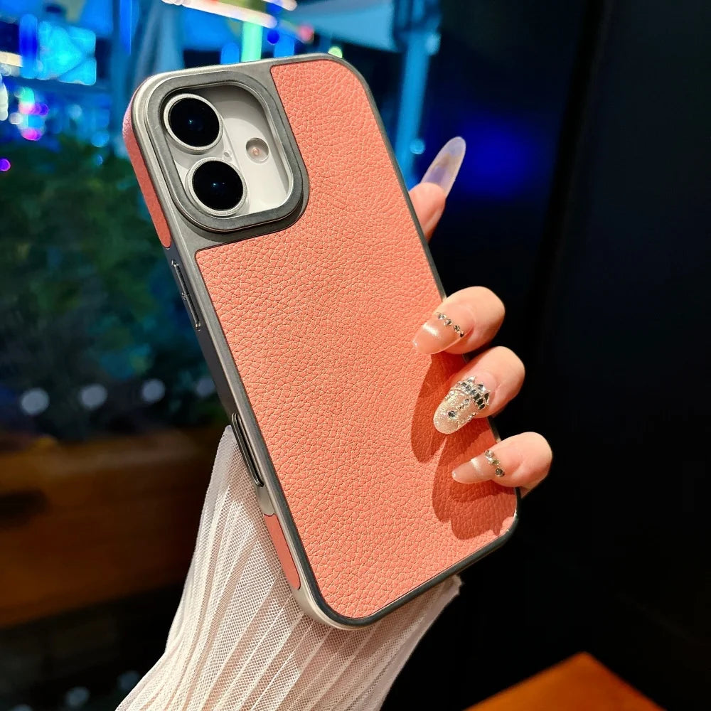 Business Plating Frosted Faux Leather Phone Case For iPhone 17 Pro Max 16 15 14 Plus 13 Pro Max 17 Air Shockproof Phone Cover