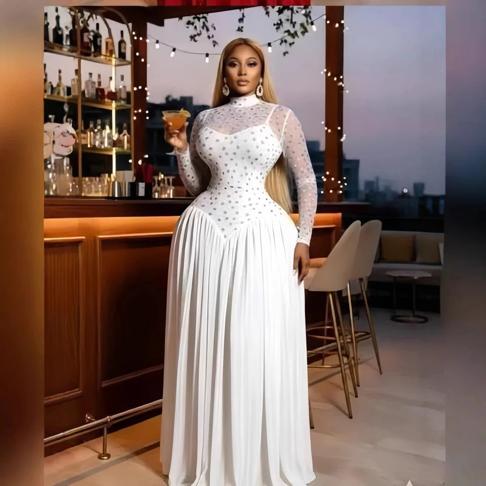 Two Color Patchwork Women Dress Fashion Sheer Mesh Top Long Sleeve Maxi Dress Parties Wear Elegant African Robe with Inner Dress