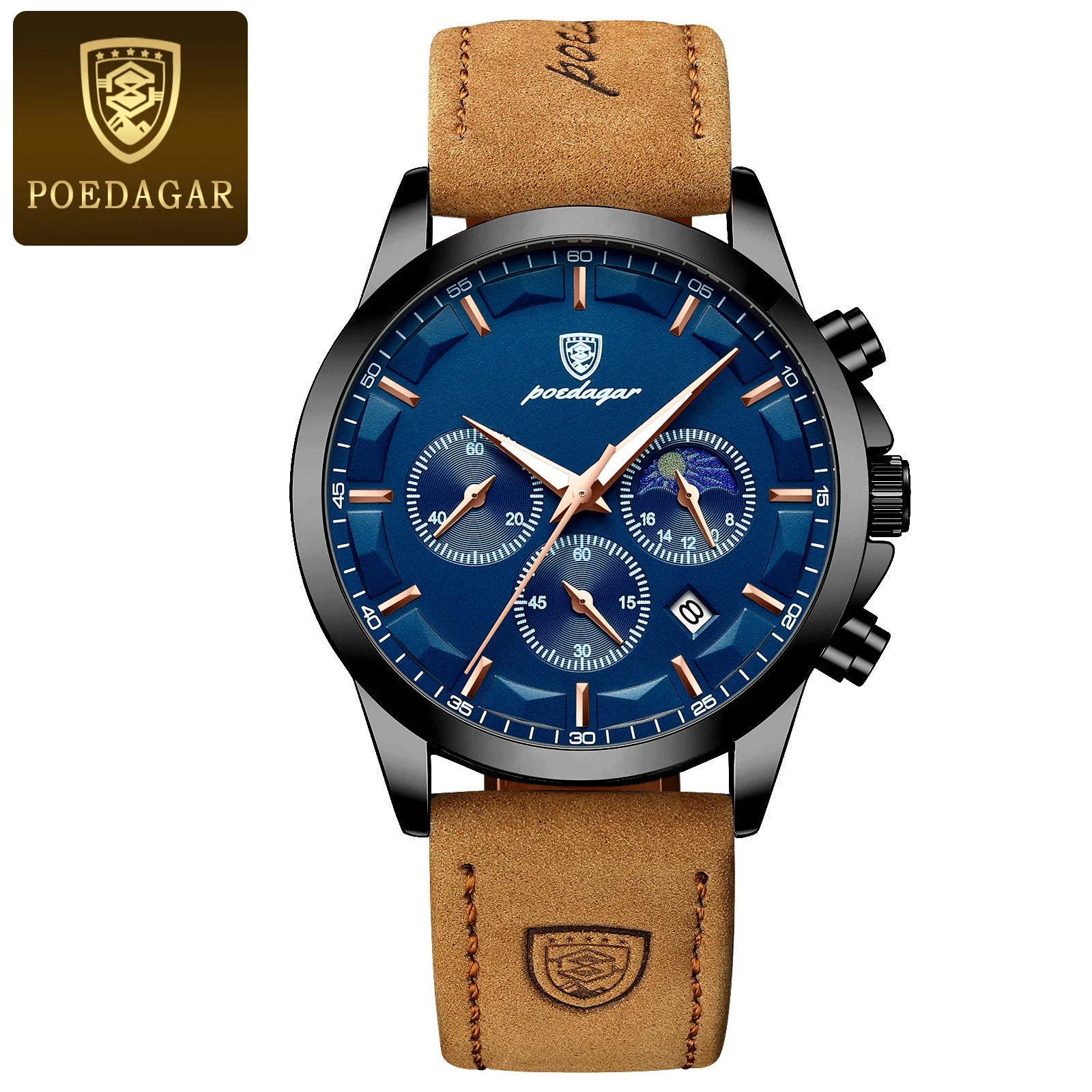 POEDAGAR Luxury Business Man Watch Waterproof Chronograph Luminous Date Male Wristwatch Leather Fashion Men's Quartz Watches+Box