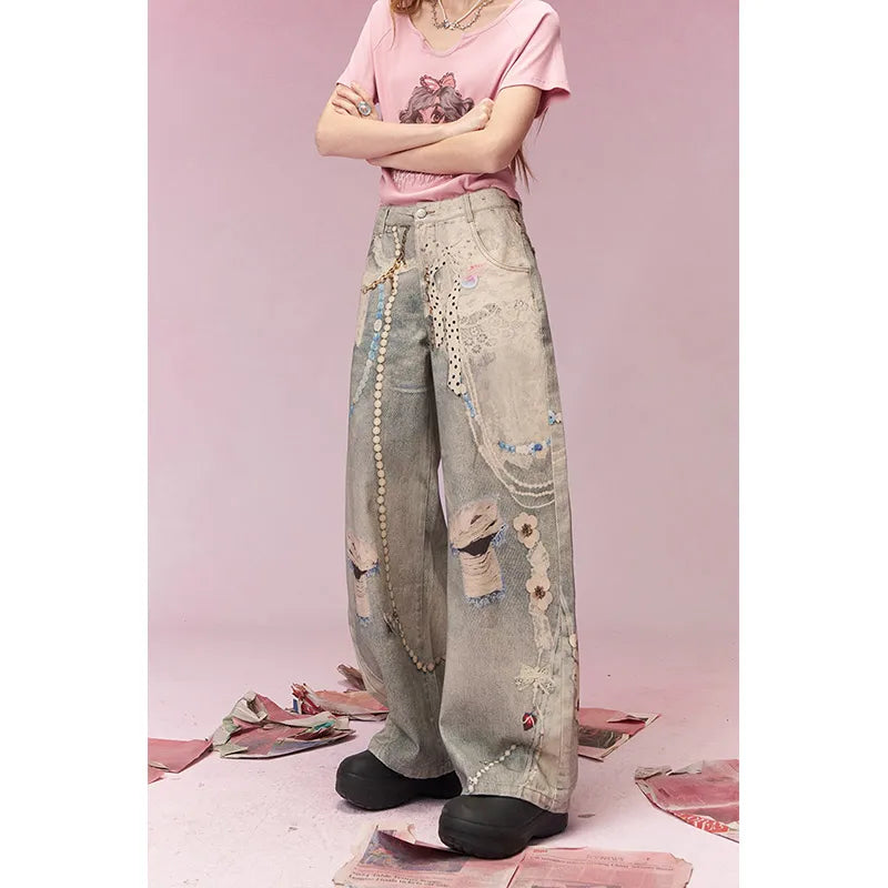 ELFSACK Sweet Cool Distressed Print Lace Insert Wide Leg Jeans For Women