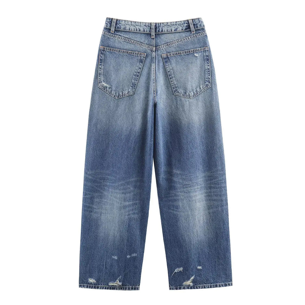New Autumn/Winter Fashion Casual Mid Waist Hole Solid Color Loose Fit Wide Leg Jeans,3 Colors
