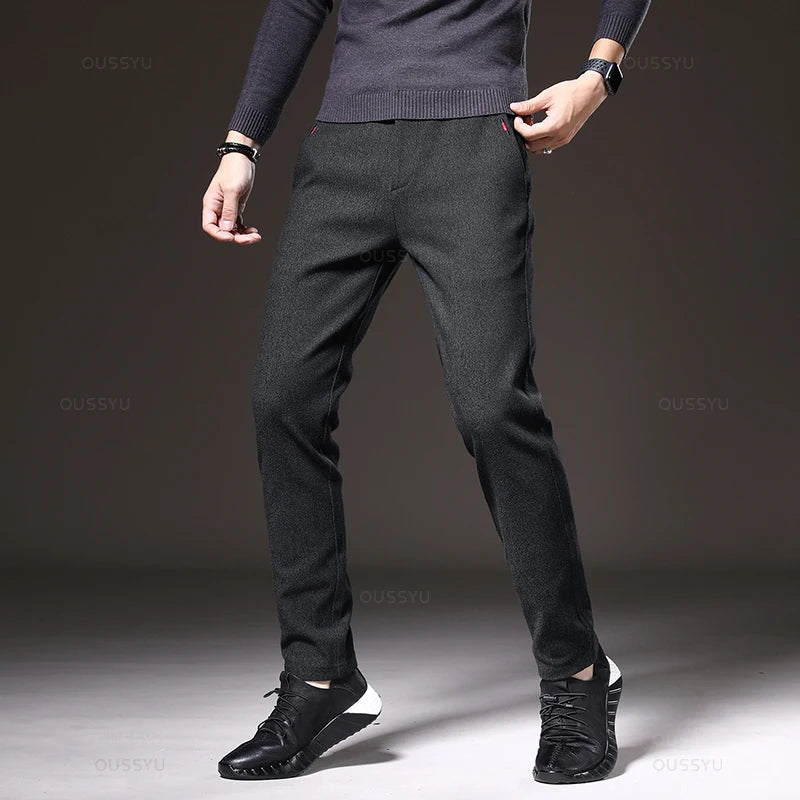 Spring Men's Casual Pants Business Fashion Elastic Waist Slim Fit Stretch Thick Gray Black Cotton Trousers Male