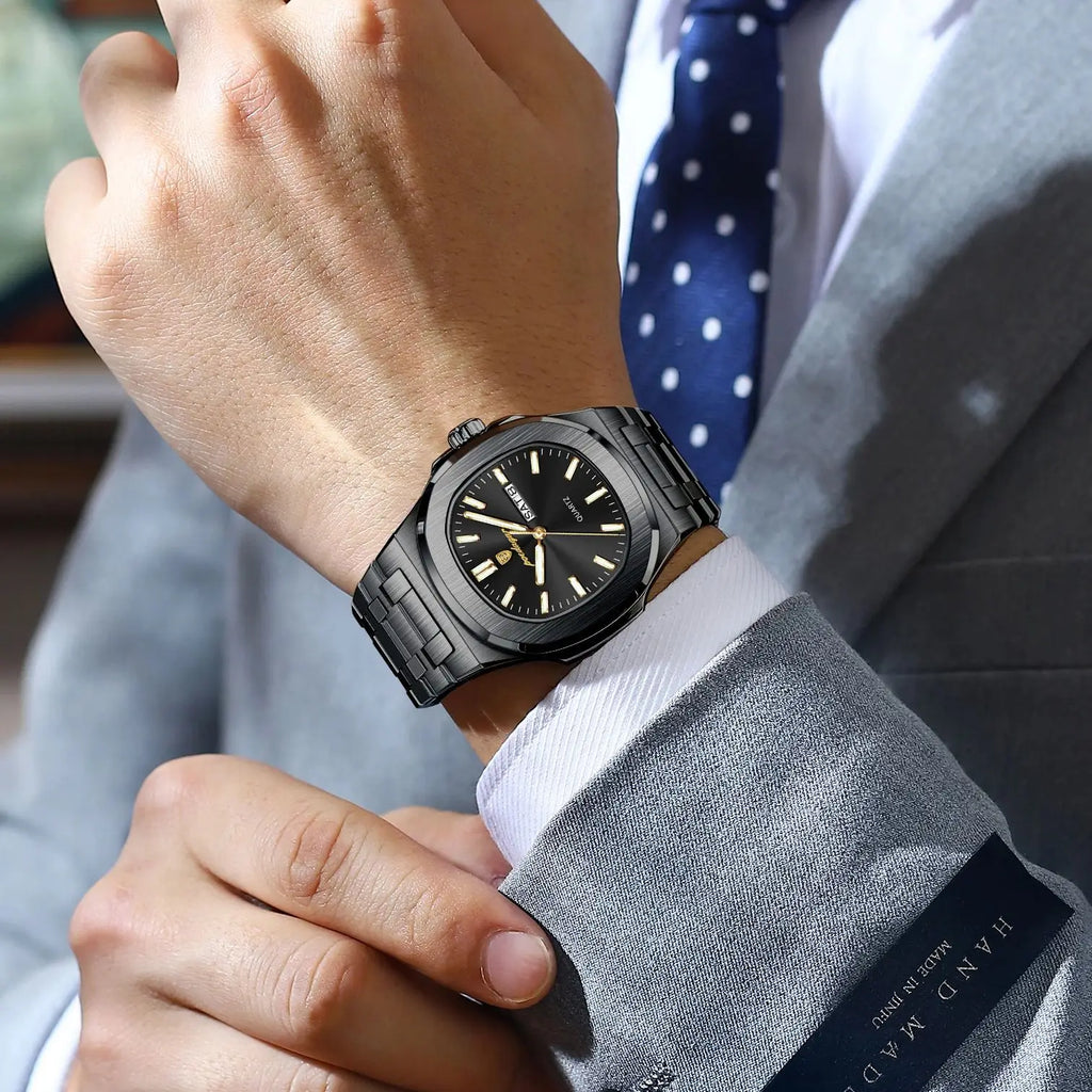 POEDAGAR Square Luxury Men's Wristwatch Luminous Waterproof Stainless Steel Male Clock Week Date Original Quartz Watches For Men