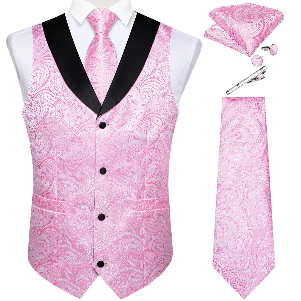 Suit Vest Set For Men Wedding Luxury Gray Paisley Dress Vests Necktie Clip Cufflinks Handkerchief Male Sleeveless Waistcoat Gift