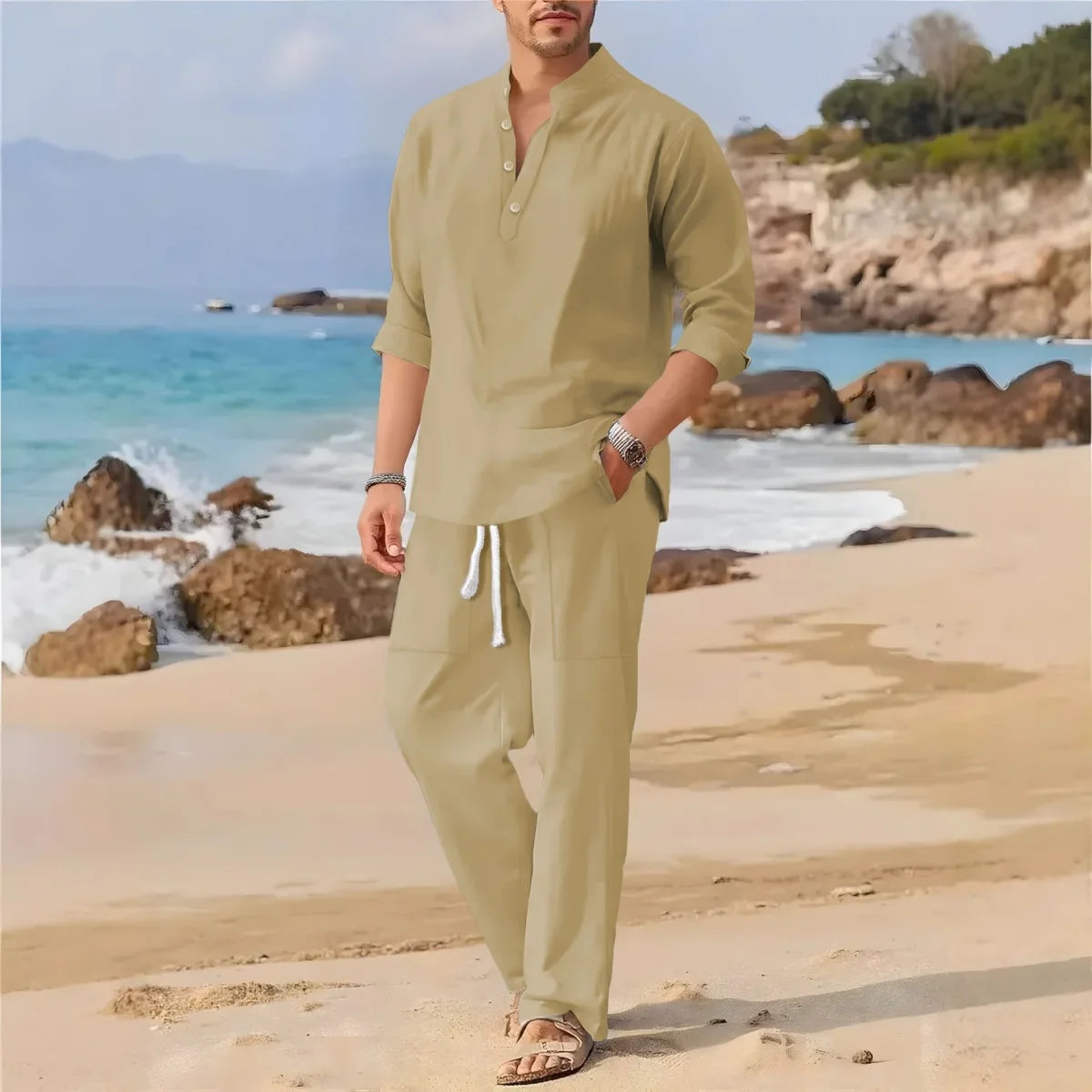 Men's Retro Cotton Linen Stand-Up Collar Long-Sleeved Suit Spring-Autumn Fashionable Loose Pure-Color Two-Piece Set