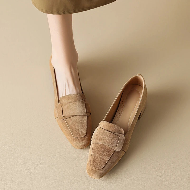 NEW Spring Women Loafers Square Toe Chunky Heel Shoes Sheep Suede Shoes for Women Concise Women Pumps Low Heel zapatos de mujer