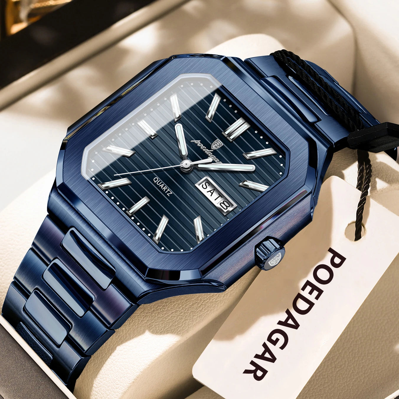 POEDAGAR Luxury Square Male Watch Waterproof Luminous Date Week Quartz Watches For Men Stainless Steel Fashion Men's Clock Reloj